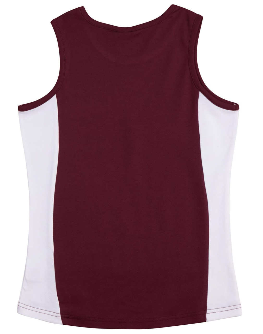 A maroon and white singlet featuring a contrasting design and a logo.