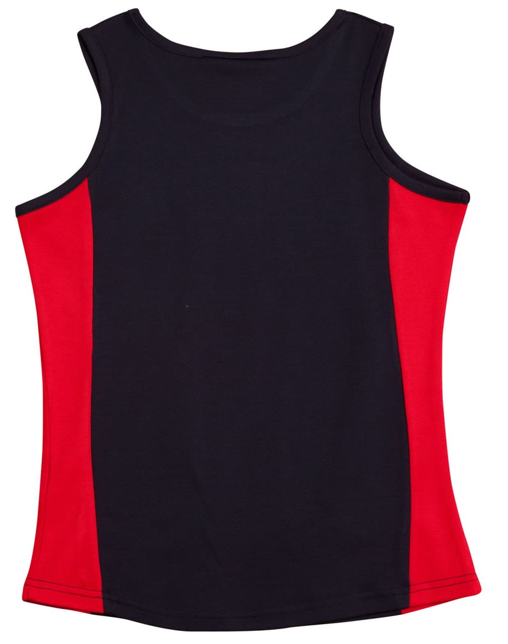 A ladies singlet featuring a navy body with red contrast side panels and a logo on the front.