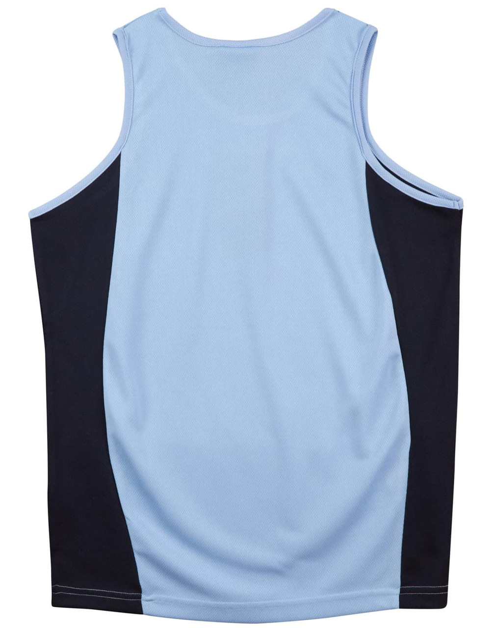 A light blue men's singlet with dark blue mesh contrast panels, featuring a branding logo on the back.