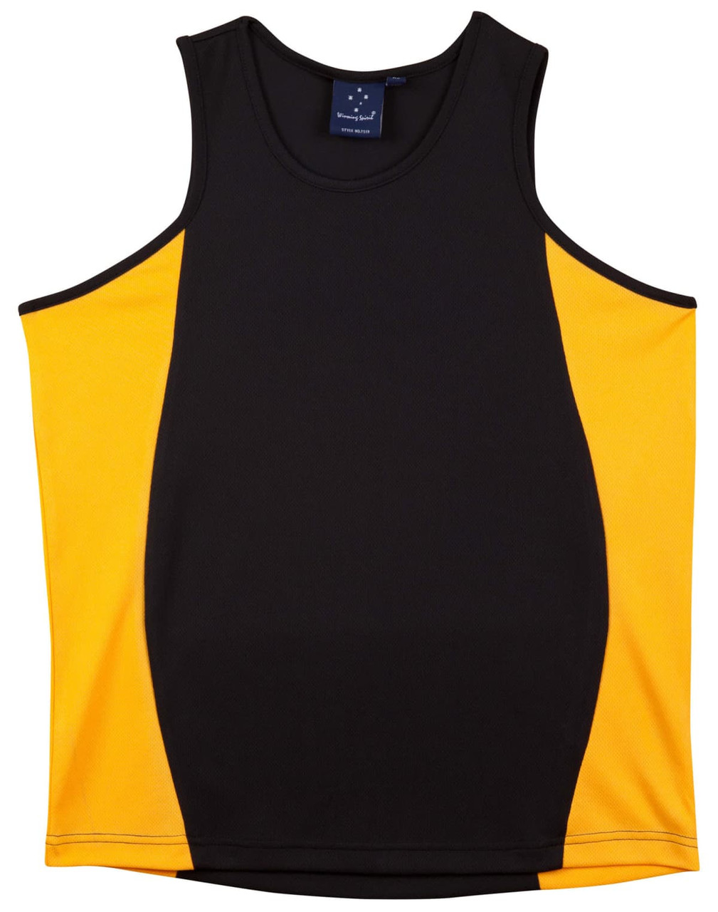 A black and yellow men's singlet with a contrast mesh design and a tag inside. It features a logo on the label.