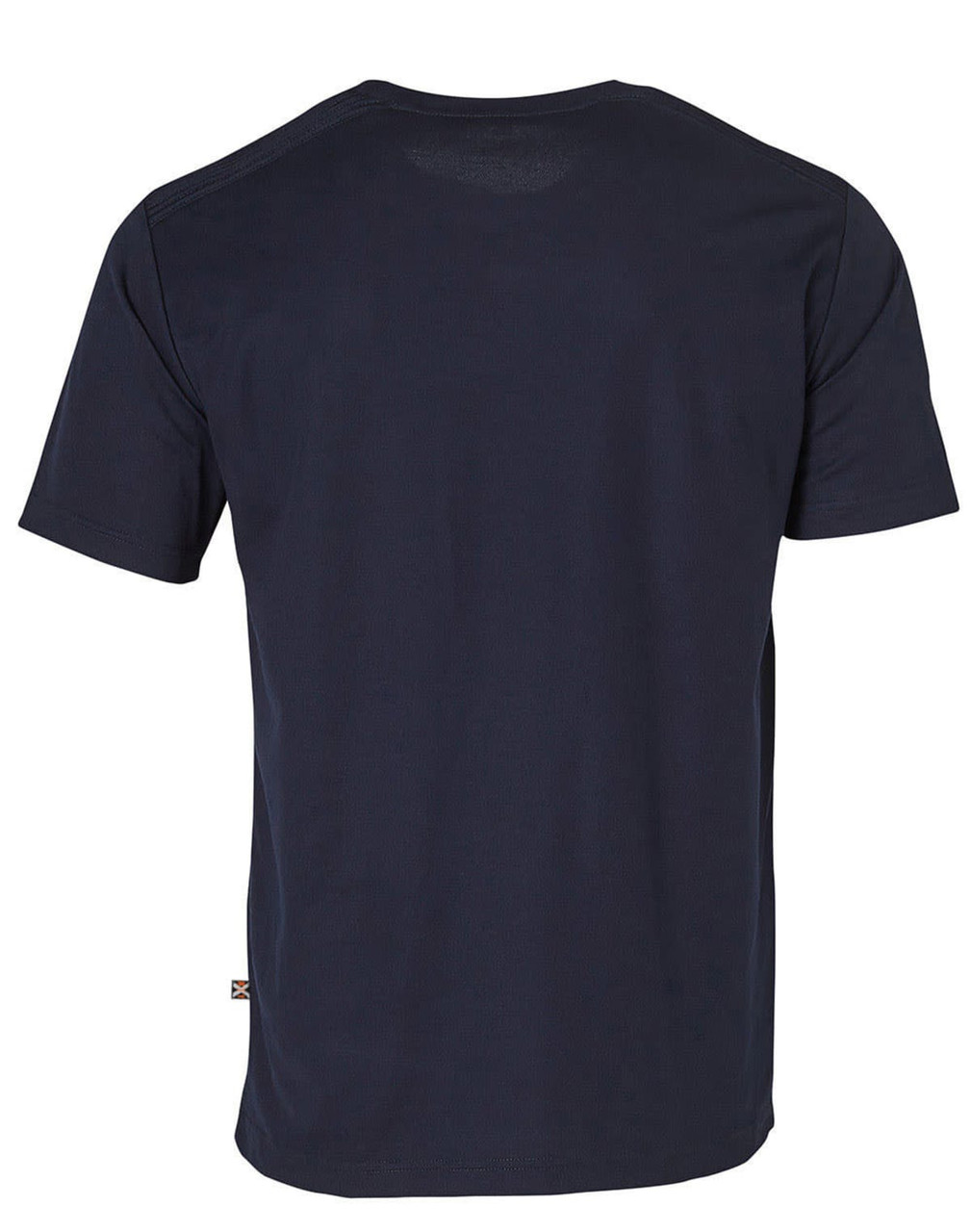 A navy blue short-sleeve work t-shirt featuring a logo on the side. The back view highlights its simple design.