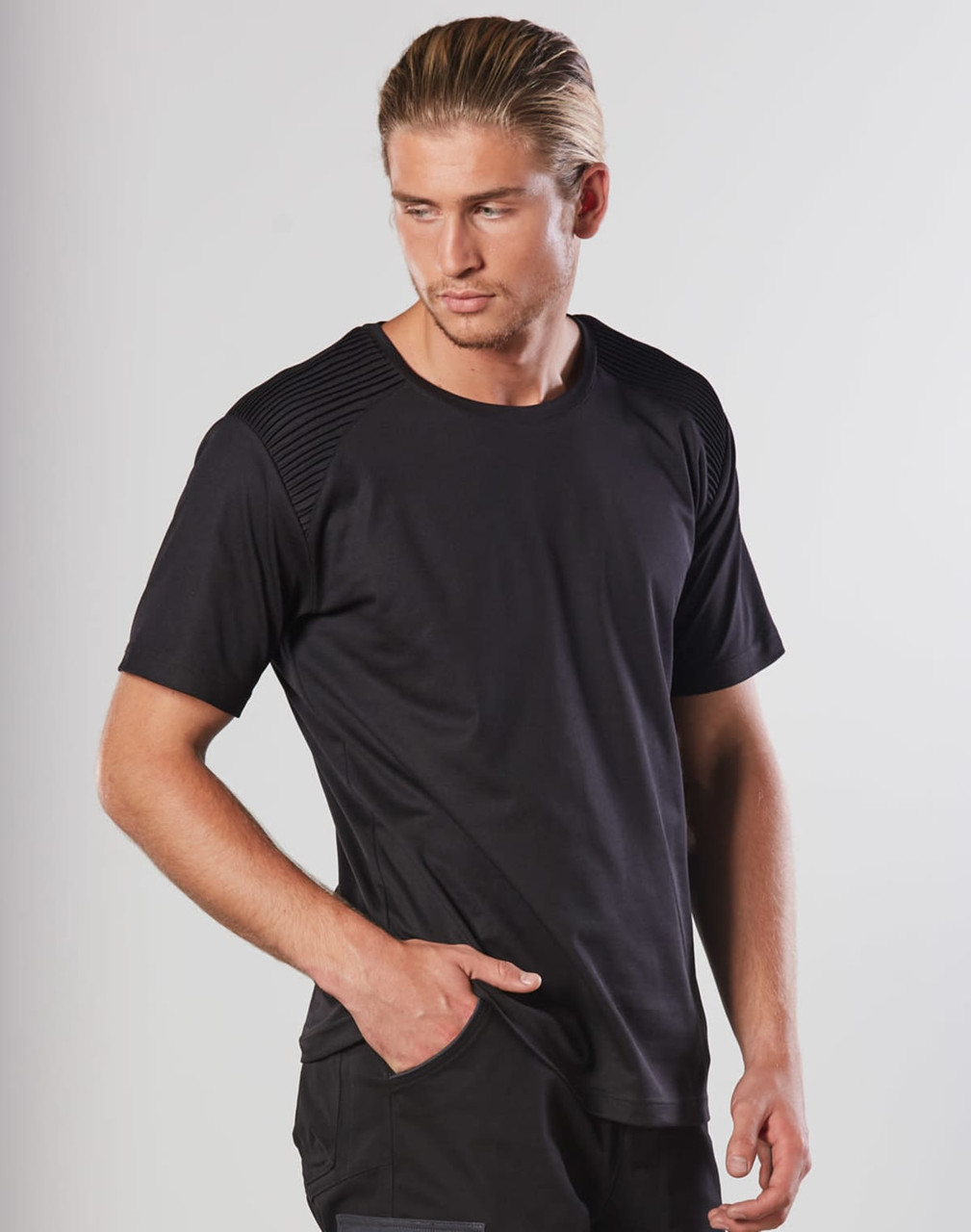 A black work T-shirt featuring ribbed detailing on the shoulders and a fitted design, with a branding logo.