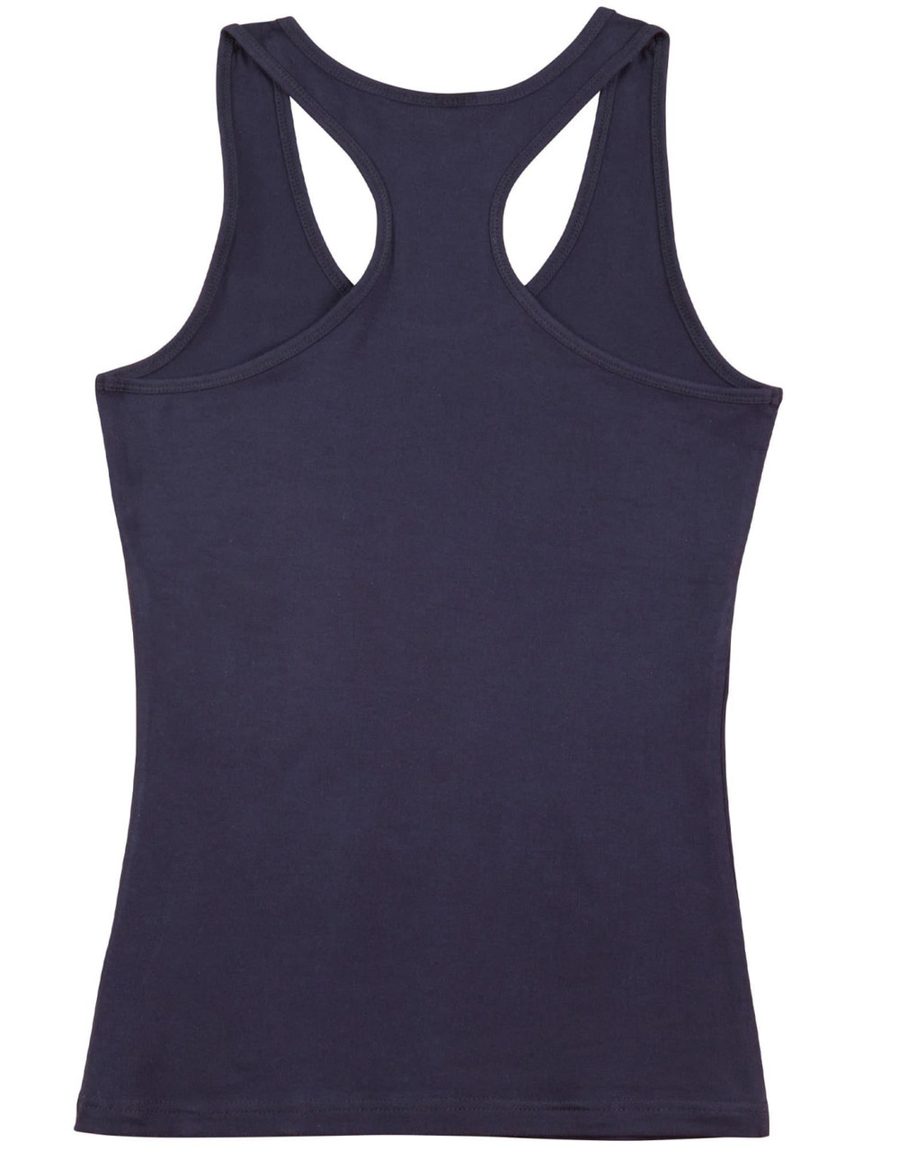 A women's fitted stretch singlet in navy blue, featuring a racerback design and a plain back.