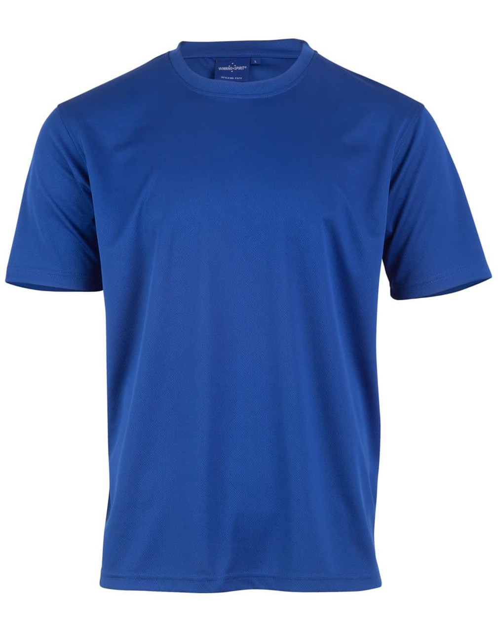 A blue short-sleeve T-shirt made from moisture-wicking fabric, featuring a logo on the upper left.