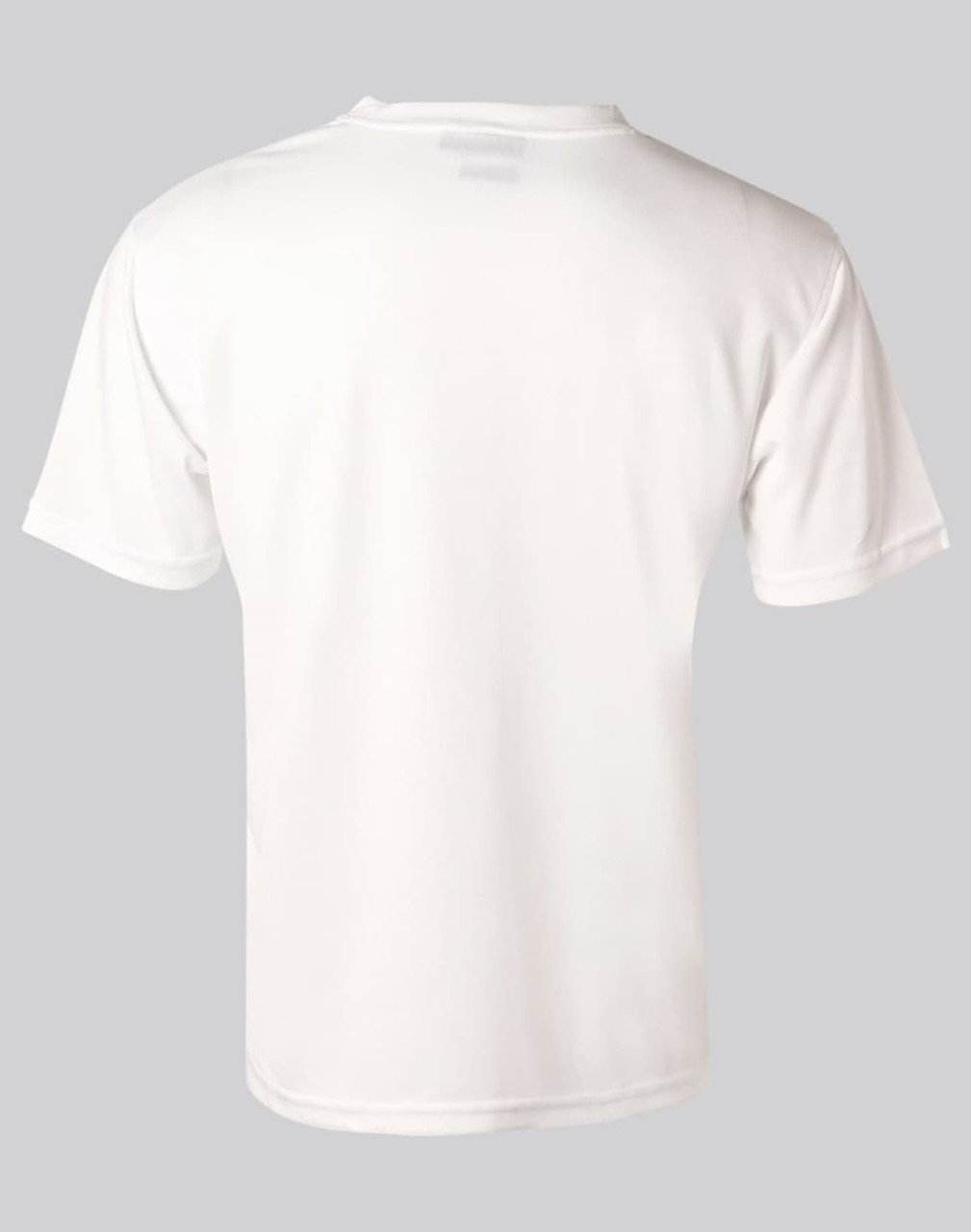 A white short sleeve men's tee, featuring a back view and a logo. Made from cooldry fabric.