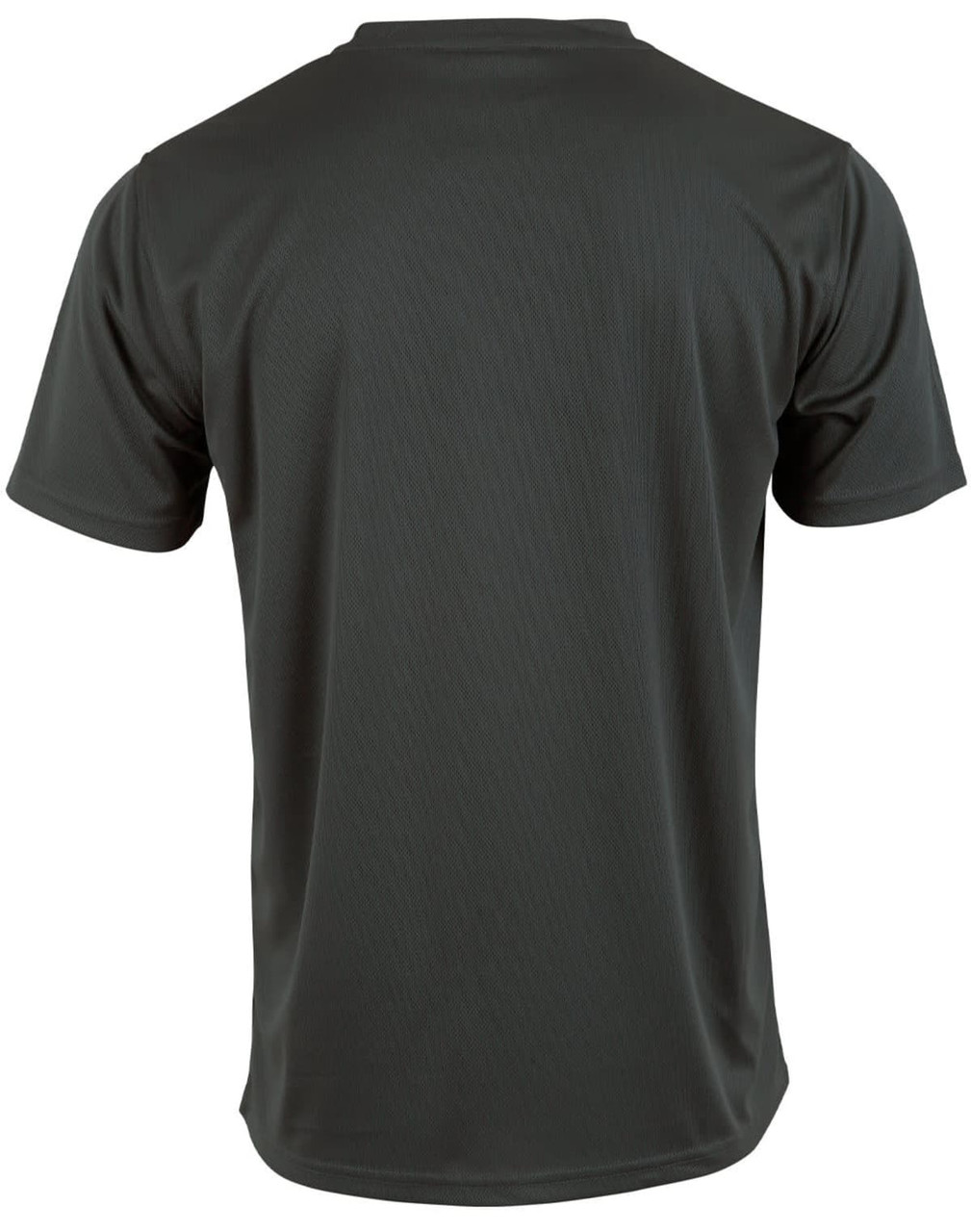 A dark grey short sleeve t-shirt with a smooth finish and a logo on the back.