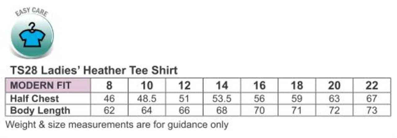 A product detail image featuring a chart for the Ladies' Cool Heather short-sleeve tee in various sizes.