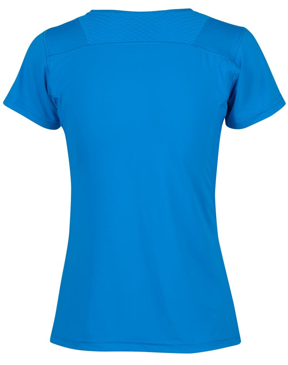 A blue ladies' t-shirt with a fitted design and short sleeves, featuring a textured back panel and branding.