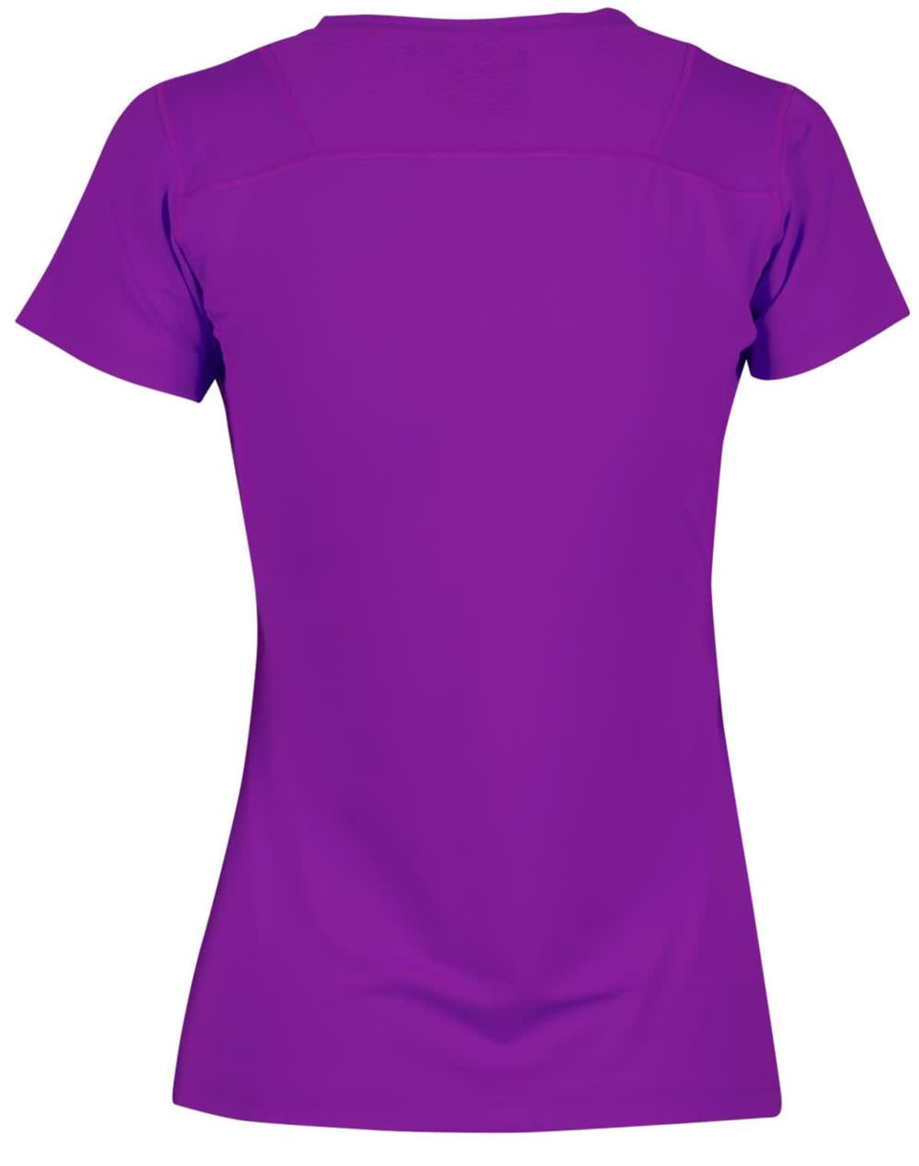 A purple women's Cooldry stretch t-shirt featuring a fitted design and short sleeves. It has a back view and includes a logo.