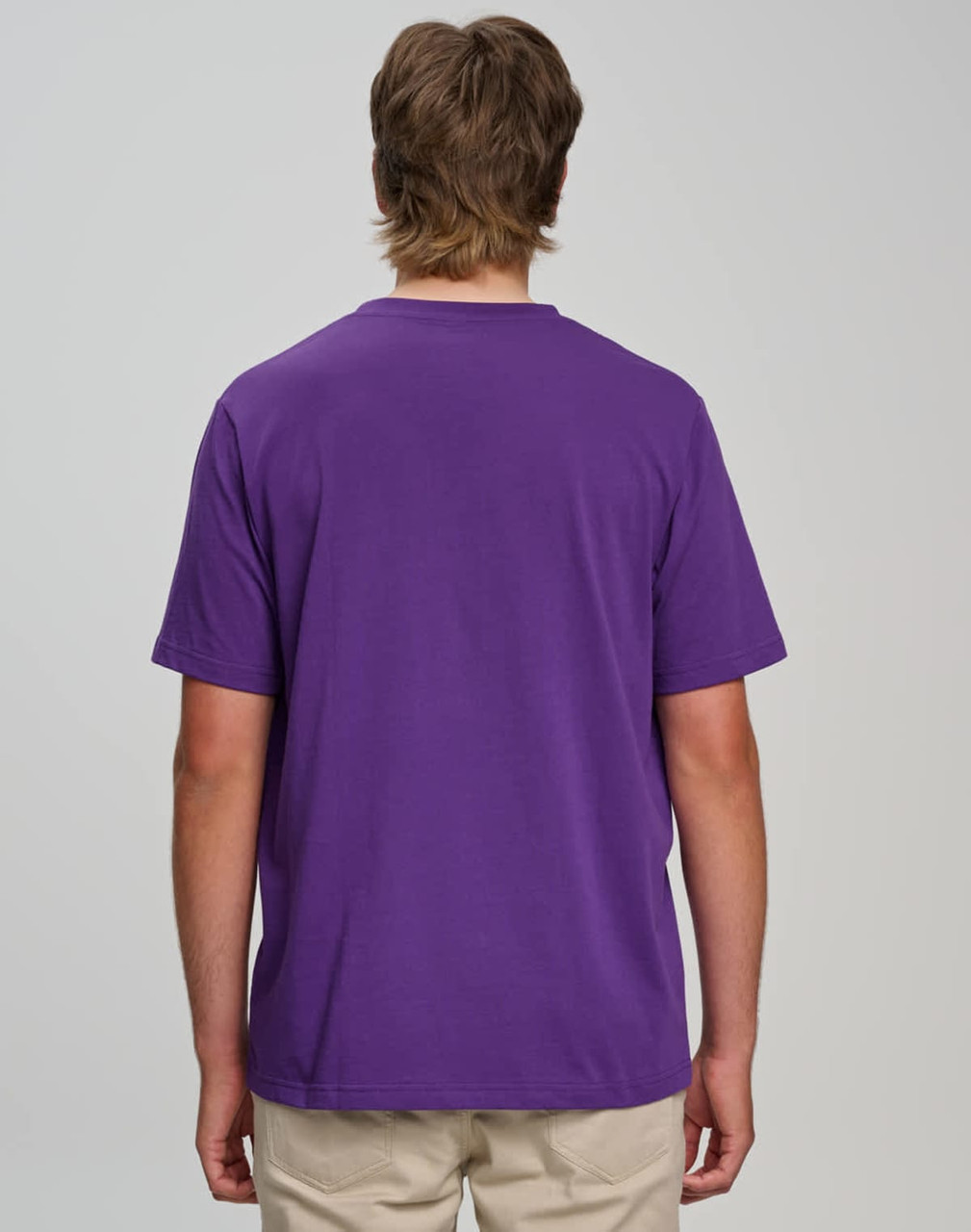 A men's cotton semi-fitted tee in purple, viewed from the back, featuring a simple design and a logo.