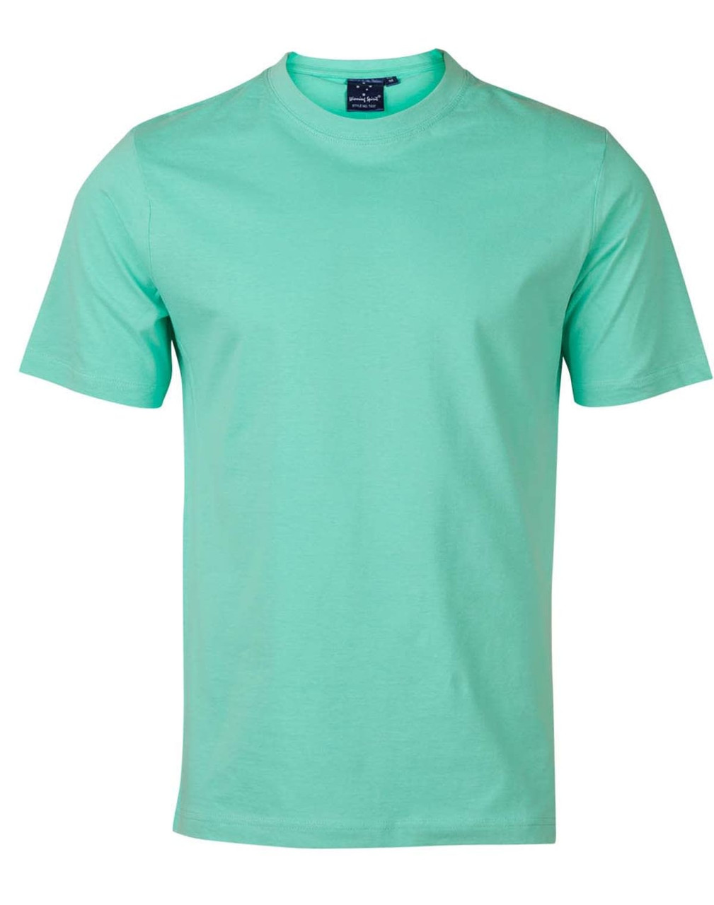 A men's cotton semi-fitted tee in a mint green colour, featuring short sleeves and a round neck. It has a logo.