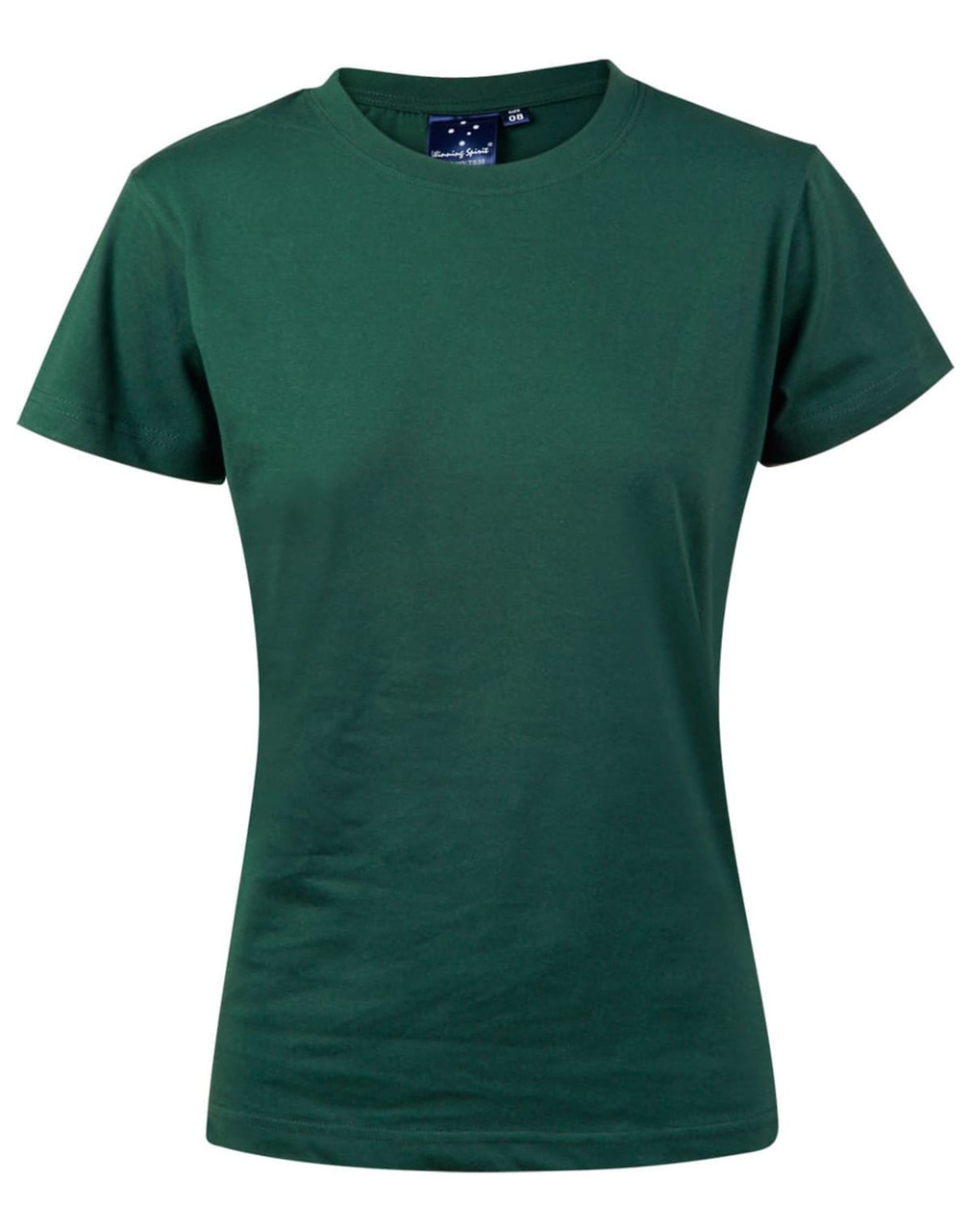 A green semi-fitted women's cotton t-shirt with a round neckline and short sleeves, featuring a logo on the label.