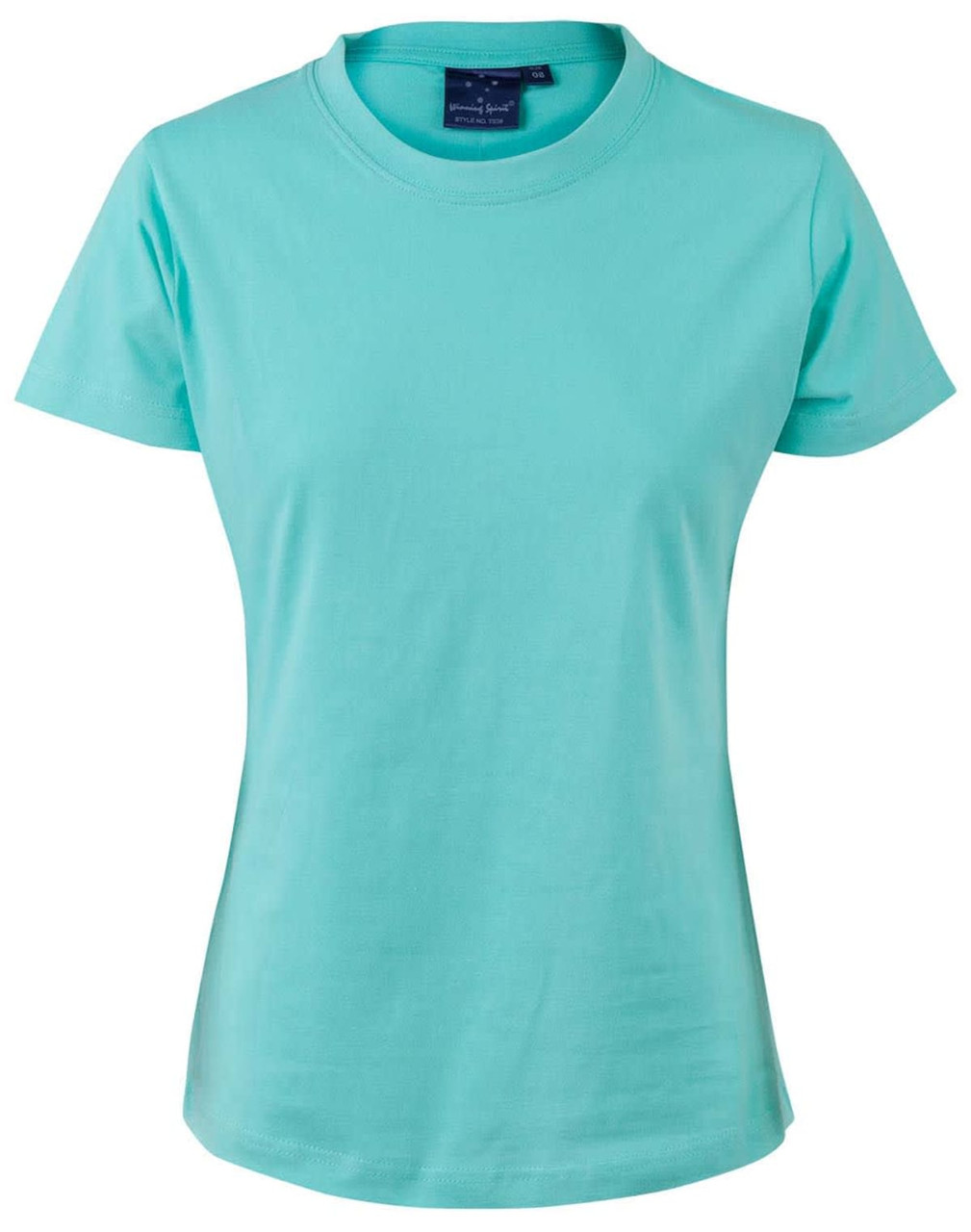 A turquoise ladies' cotton semi-fitted tee with a round neckline and short sleeves, featuring a logo.