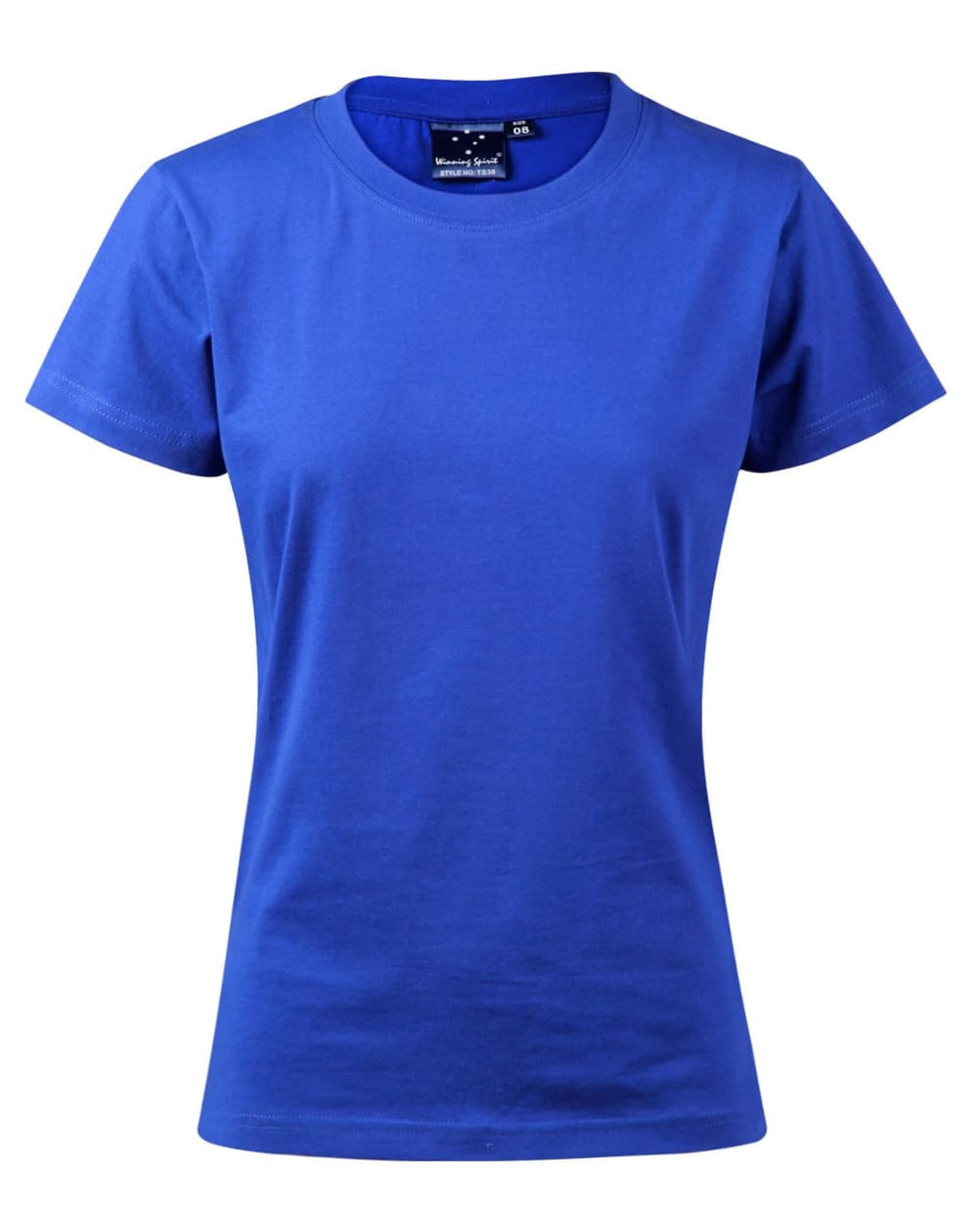 A ladies' cotton semi-fitted tee in vibrant blue with a round neckline and short sleeves. Features a logo.