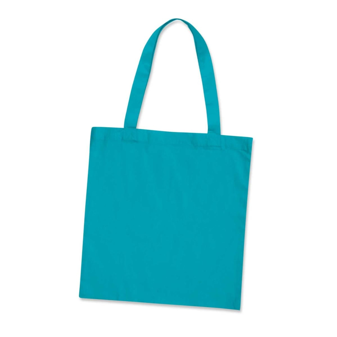 A turquoise cotton tote bag with long handles and no visible branding. A turquoise cotton tote bag with long handles and no visible branding.