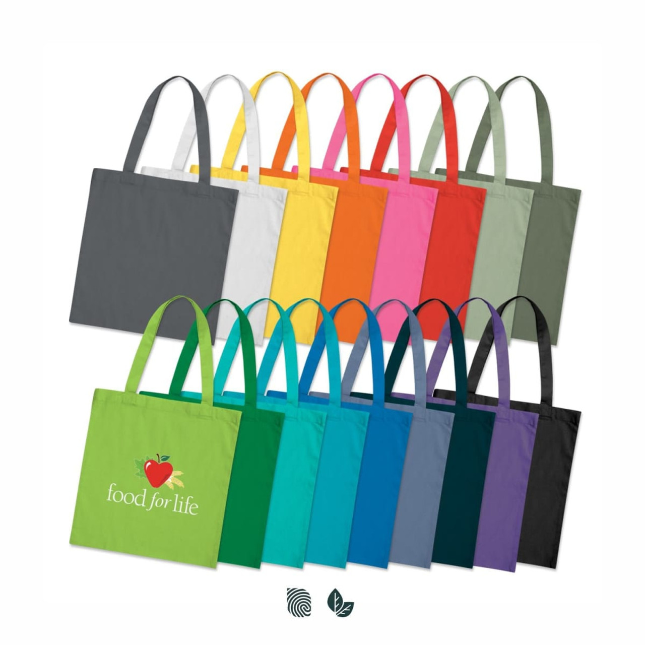 A collection of Sonnet cotton tote bags in various colours, featuring one bag with a logo. A collection of Sonnet cotton tote bags in various colours, featuring one bag with a logo.