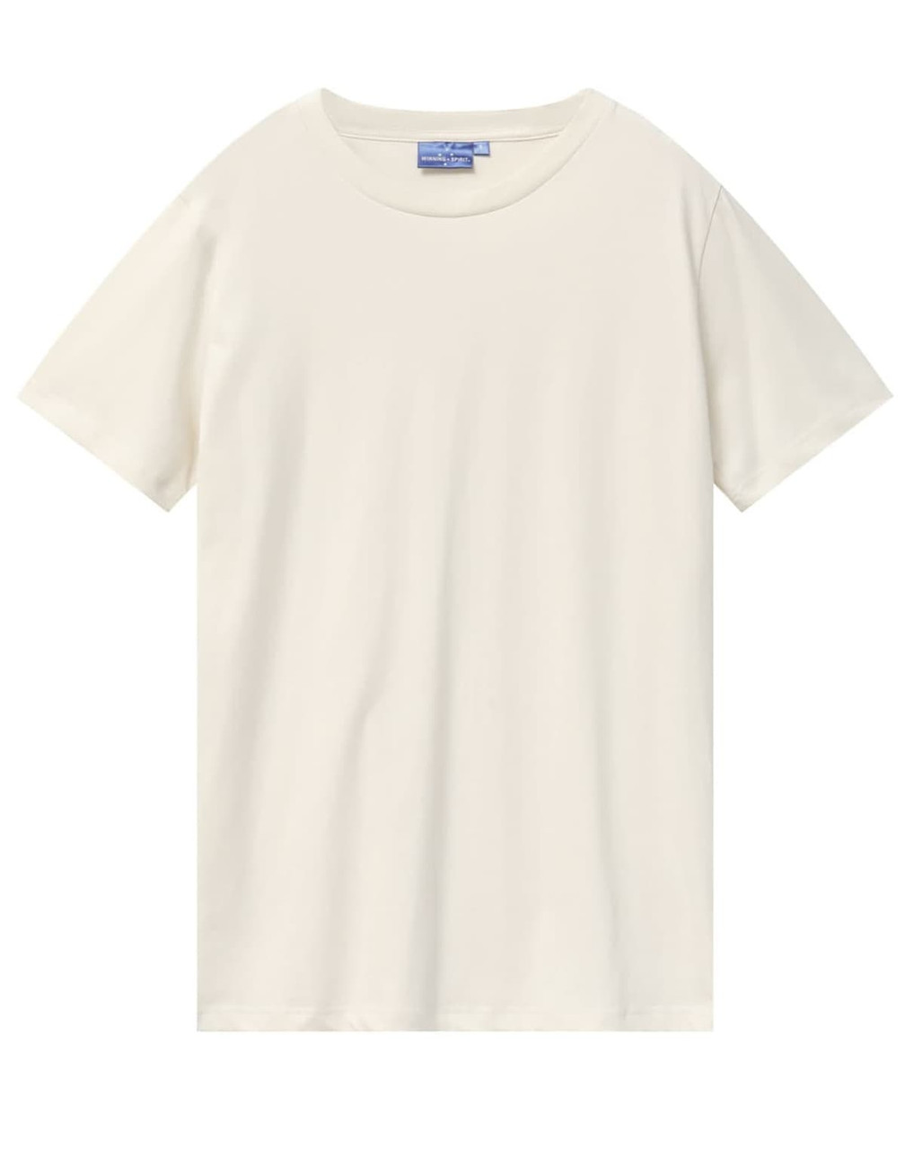 A plain white men's premium cotton tee with short sleeves and a round neckline. Features branding on the label.