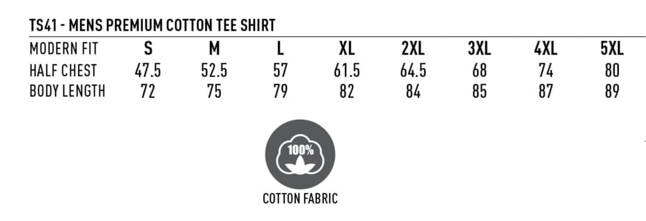 Men's Premium Cotton Tee in various sizes, featuring a modern fit and 100% cotton fabric. Includes measurement details.
