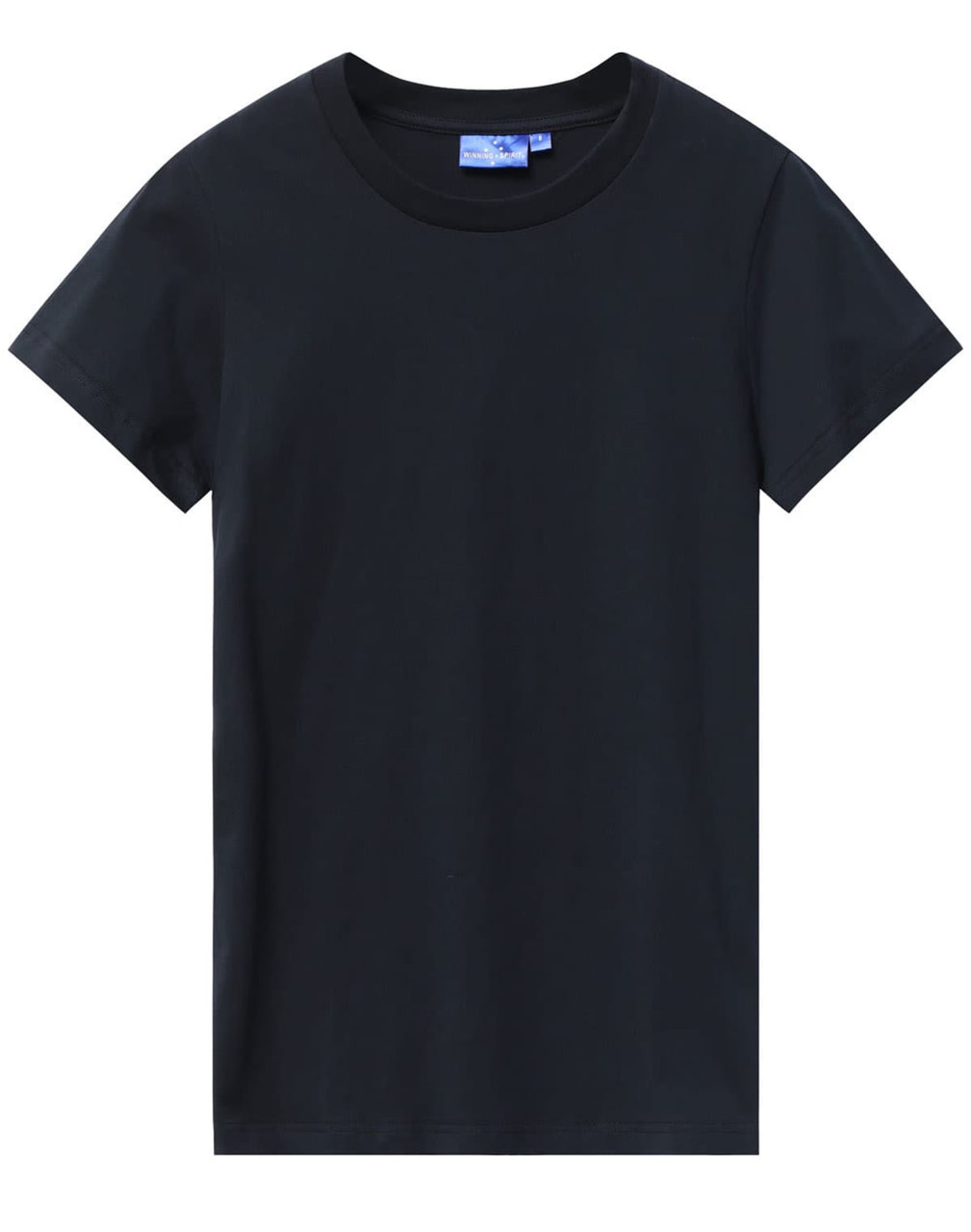 A dark navy ladies' premium cotton tee with a classic crew neckline and short sleeves. Features a brand logo.