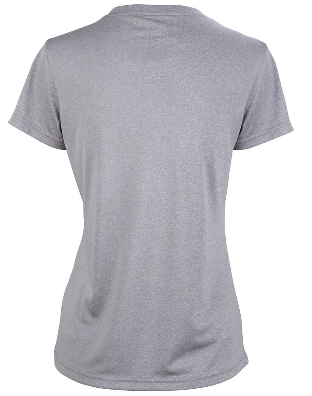 A grey ladies' short sleeve tee with a fitted style and a simple design, featuring a logo on the back.