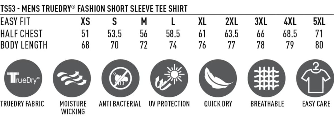 Promotional men's T-shirt in various sizes, featuring a logo, with a focus on breathable, quick-dry fabric and UV protection.