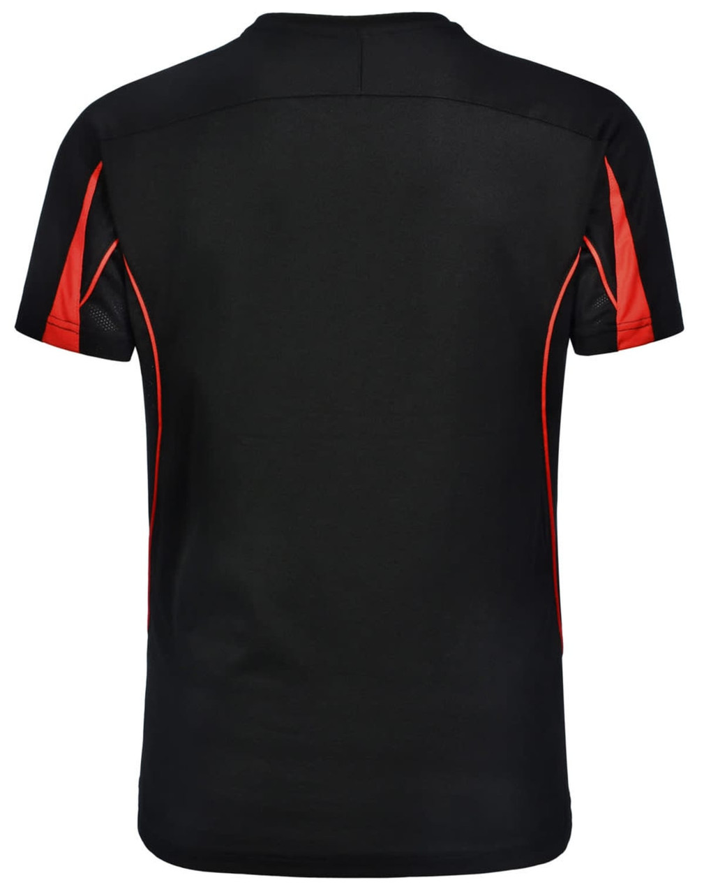 A black short-sleeved T-shirt with red accents and a logo on the back.