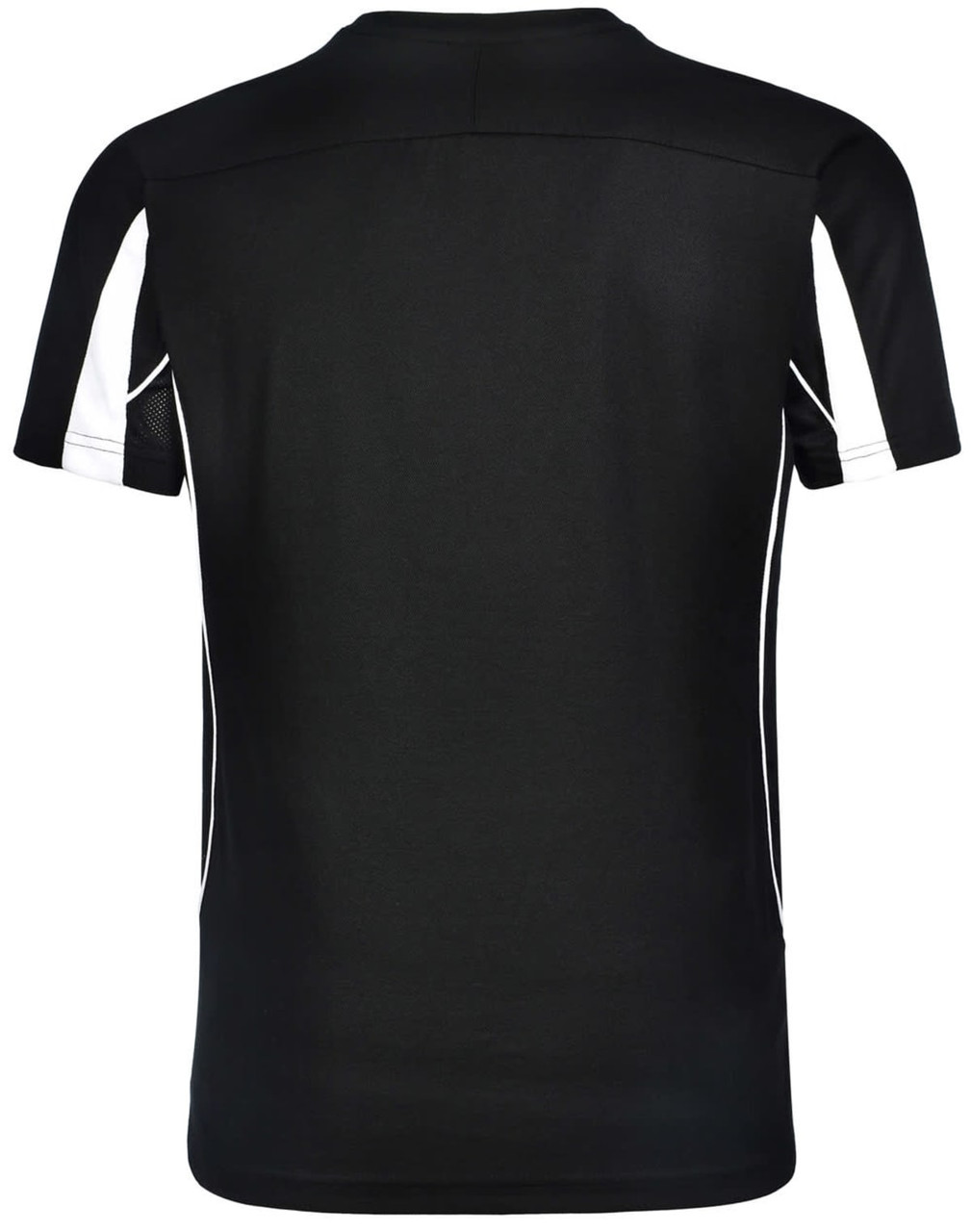 A black short-sleeve T-shirt featuring white accents and a logo. The back view displays mesh paneling.