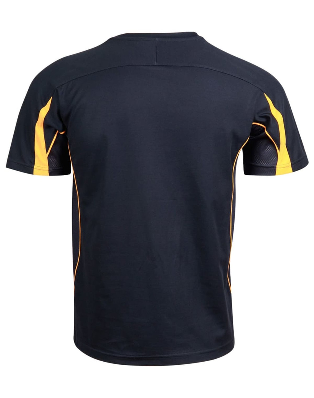 A black and yellow short-sleeved T-shirt with a sporty design and a logo on the back.
