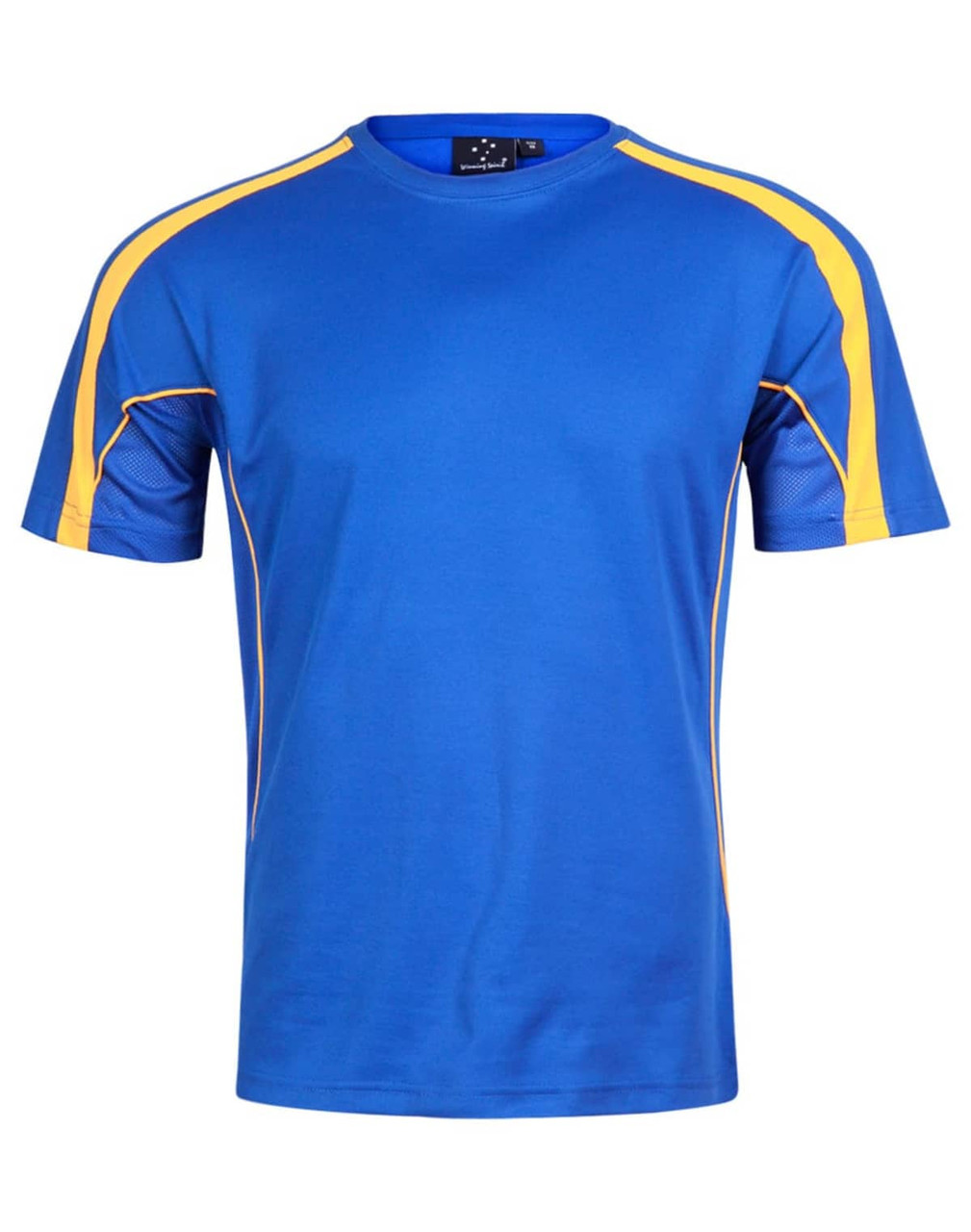 A blue short-sleeved T-shirt with yellow accents and a logo on the upper left.