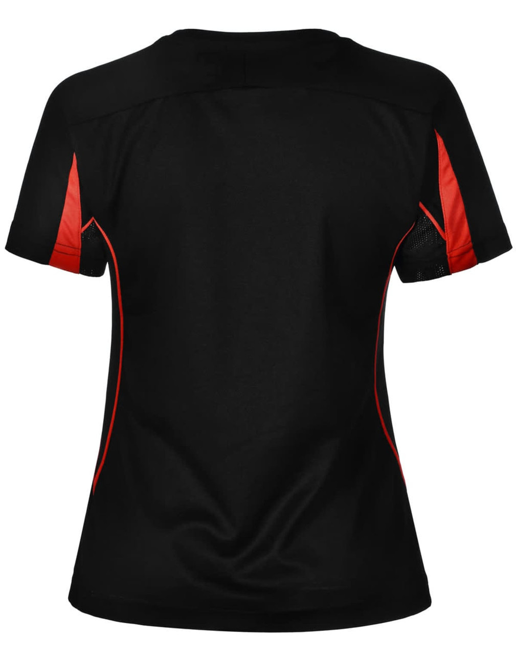 A black women's T-shirt featuring red accents on the sides, with a curved back design and a logo.