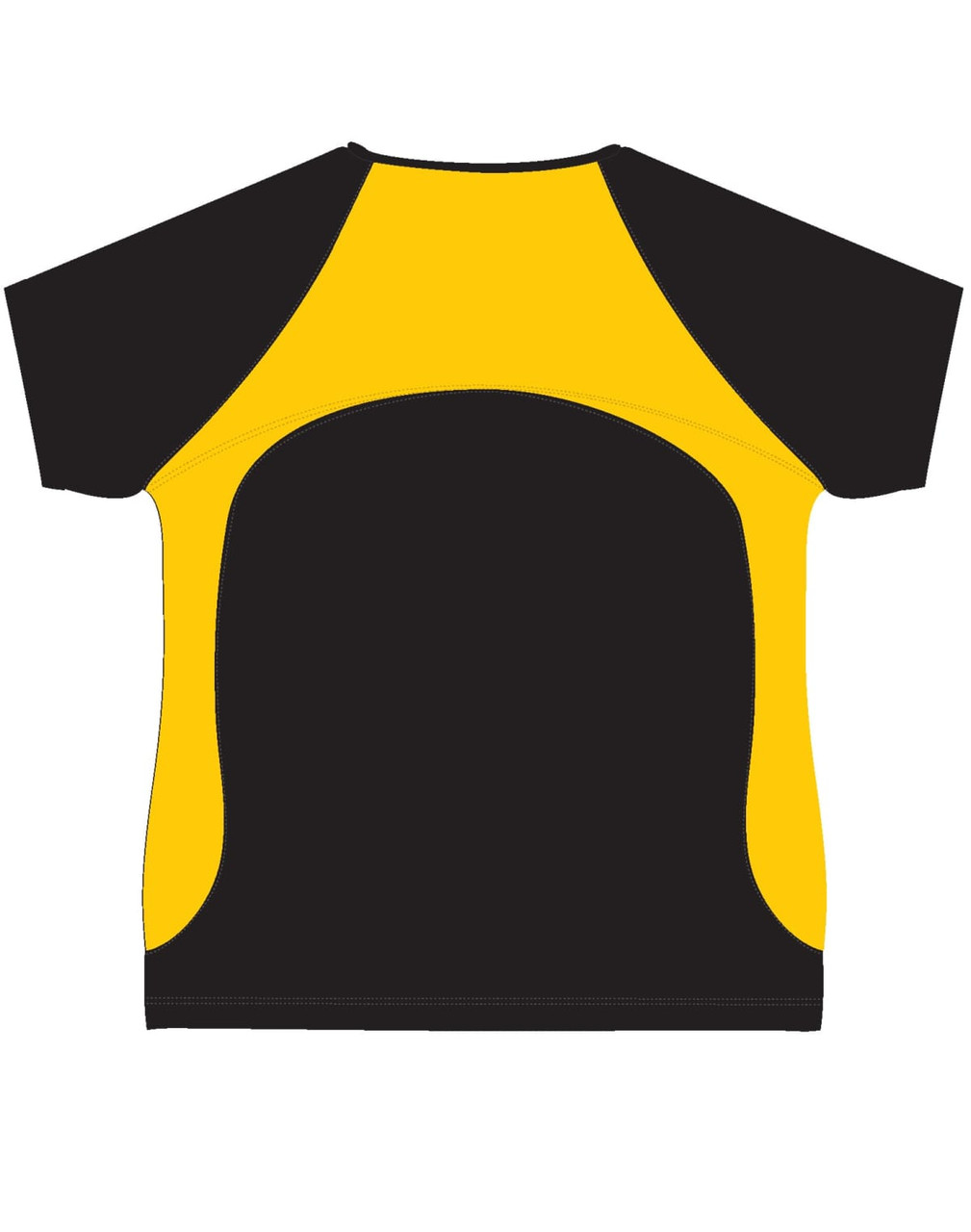 A black and yellow men's T-shirt featuring a contrasting design and a logo.