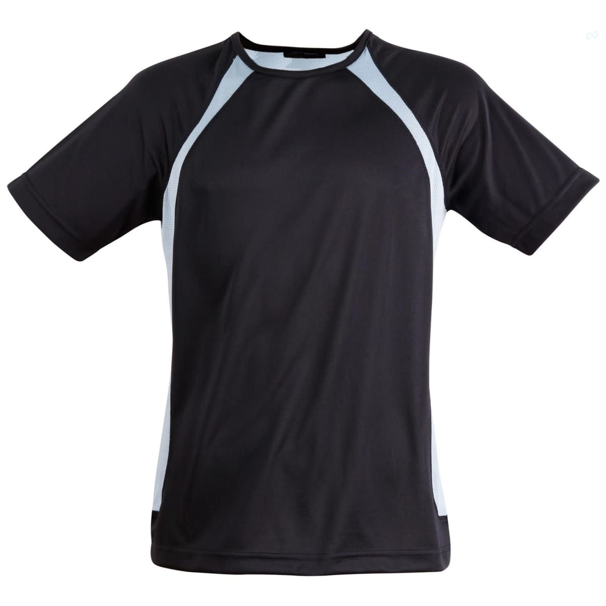 A black men's t-shirt with light blue accents and a logo. It features a short sleeve and sporty design.