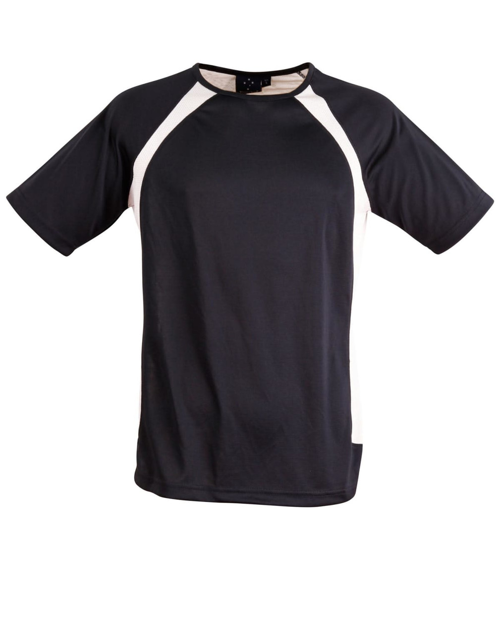 A men's short-sleeve tee shirt in navy with cream side panels. Features a logo on the collar.