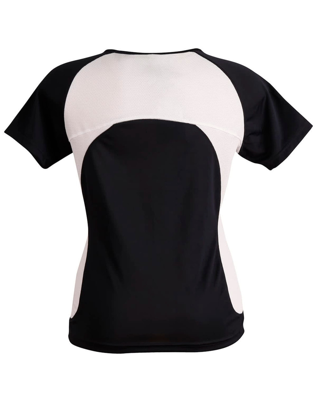 A ladies' T-shirt featuring a black body with white mesh panels, designed for comfort and style.