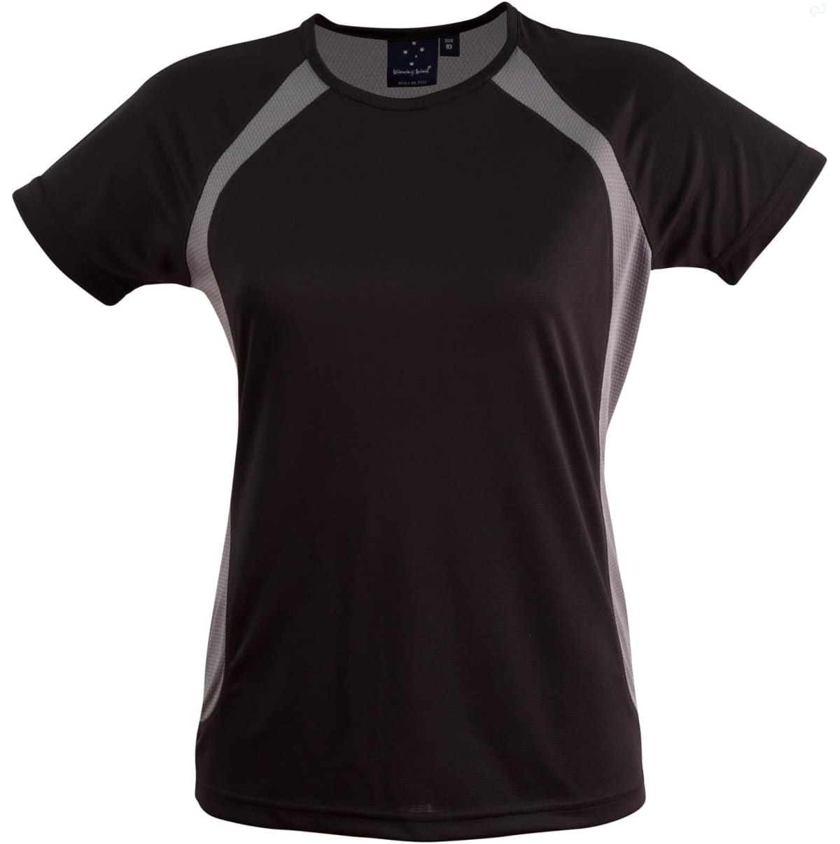 A black ladies' T-shirt with mesh detailing on the sides, featuring a logo on the neckline.