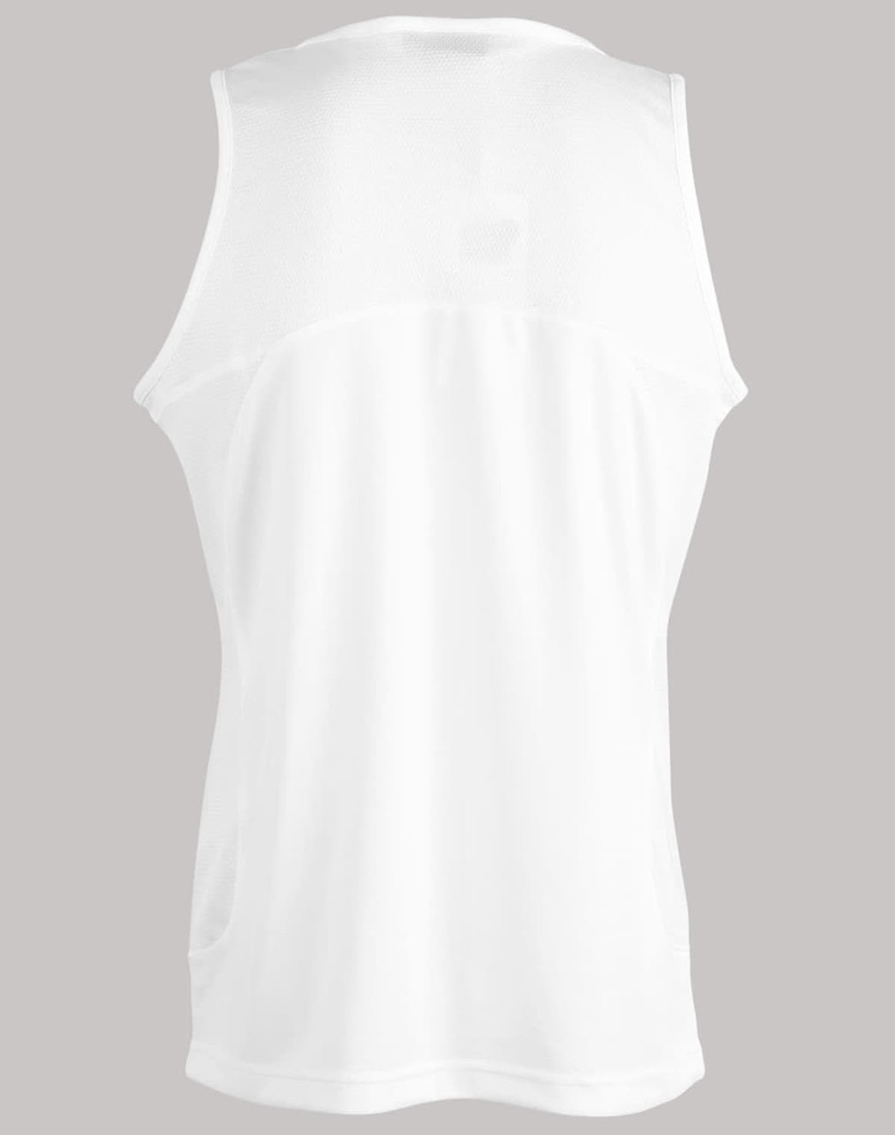 A white men's sprint singlet featuring a logo and a simple, sleeveless design.