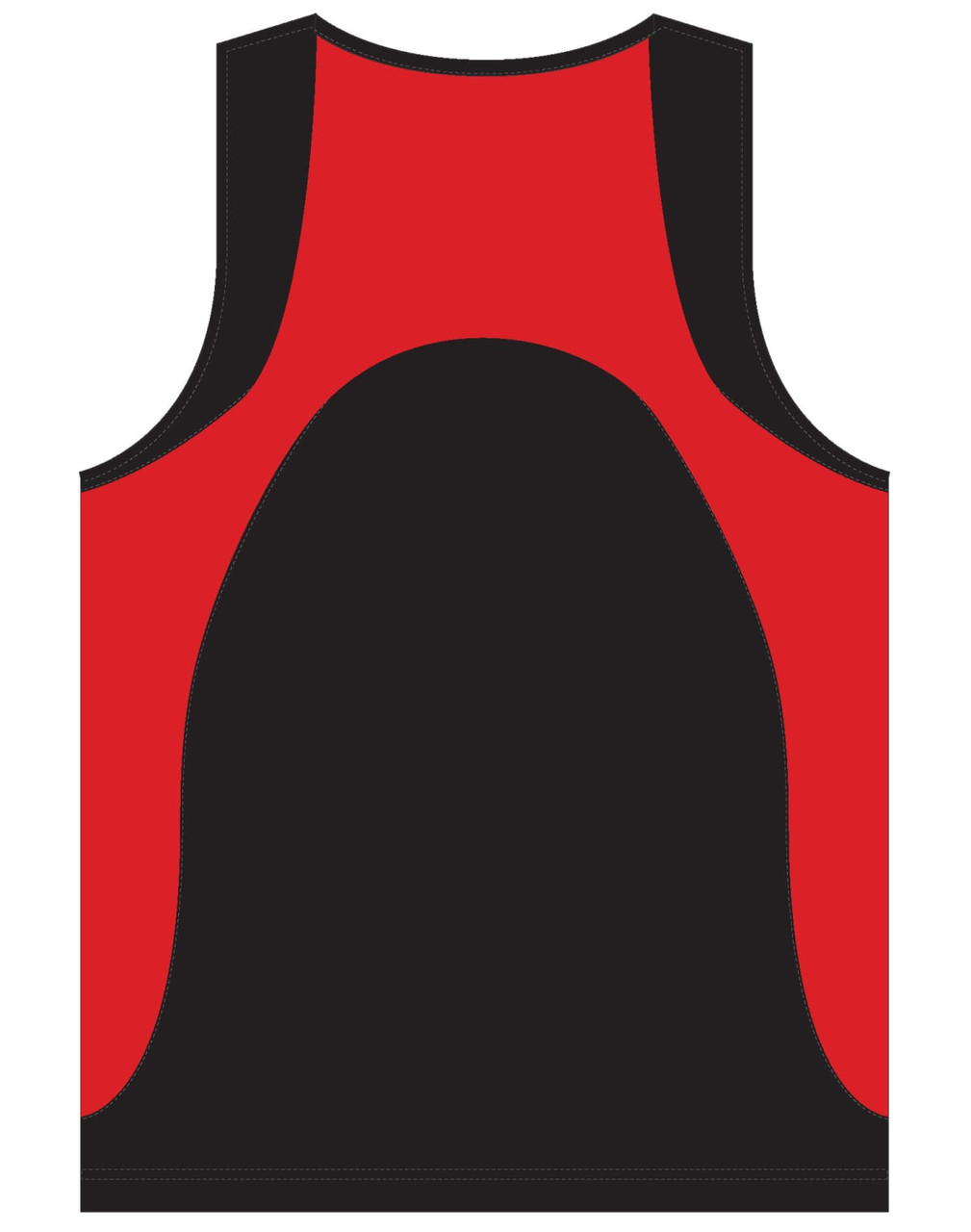 A men's sprint singlet featuring black fabric with red accents and a logo present.