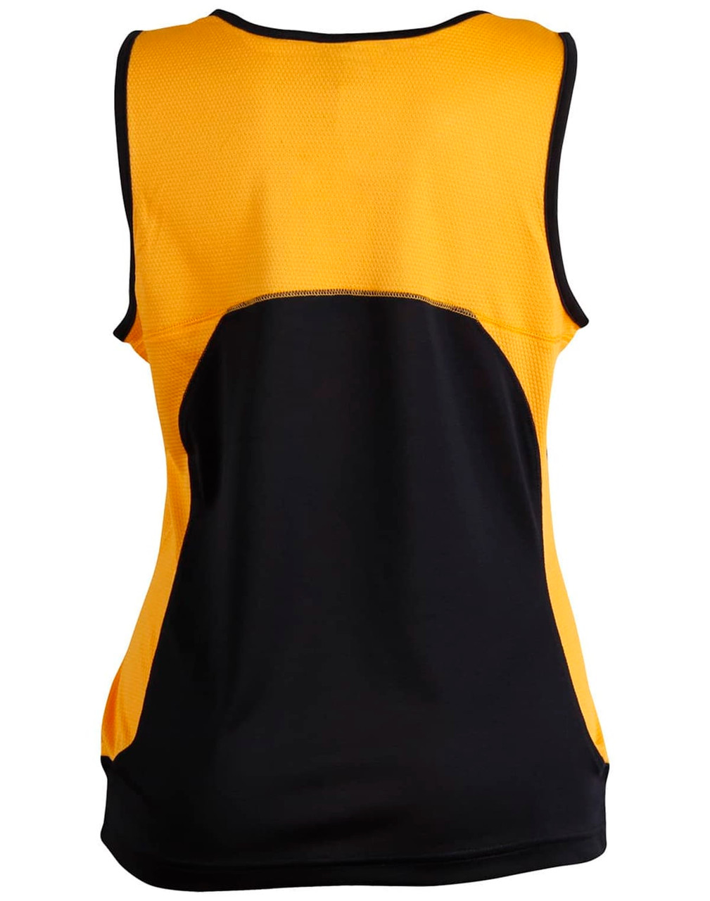 A women's singlet featuring a yellow front and black back, with a mesh design and a logo.
