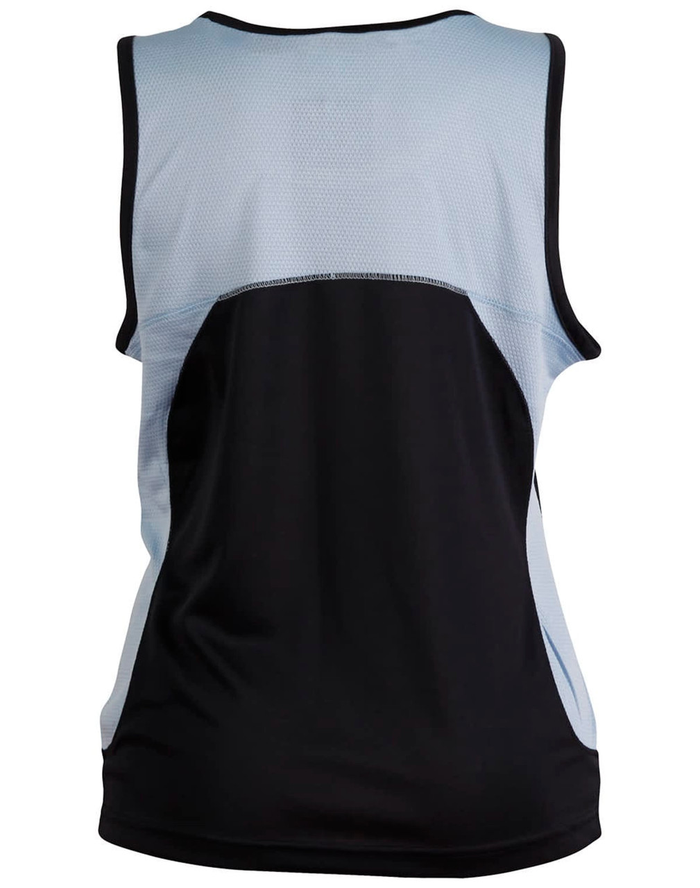 A ladies' sprint singlet featuring a light blue upper section and a black lower section, with a mesh design and logo.