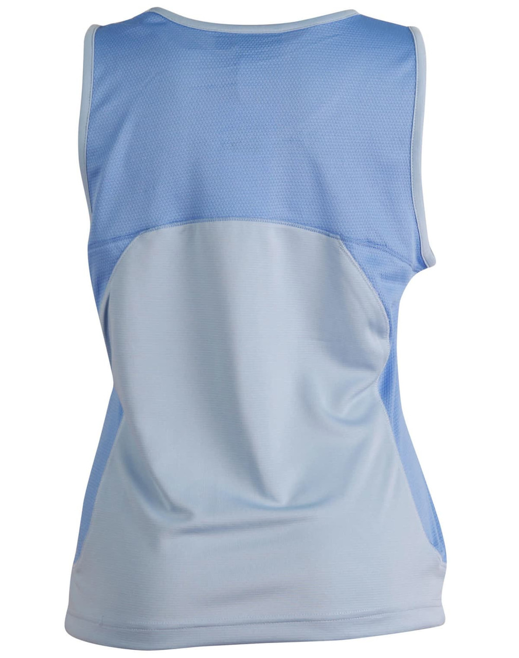 A light blue ladies' sprint singlet with a mesh back and a logo.
