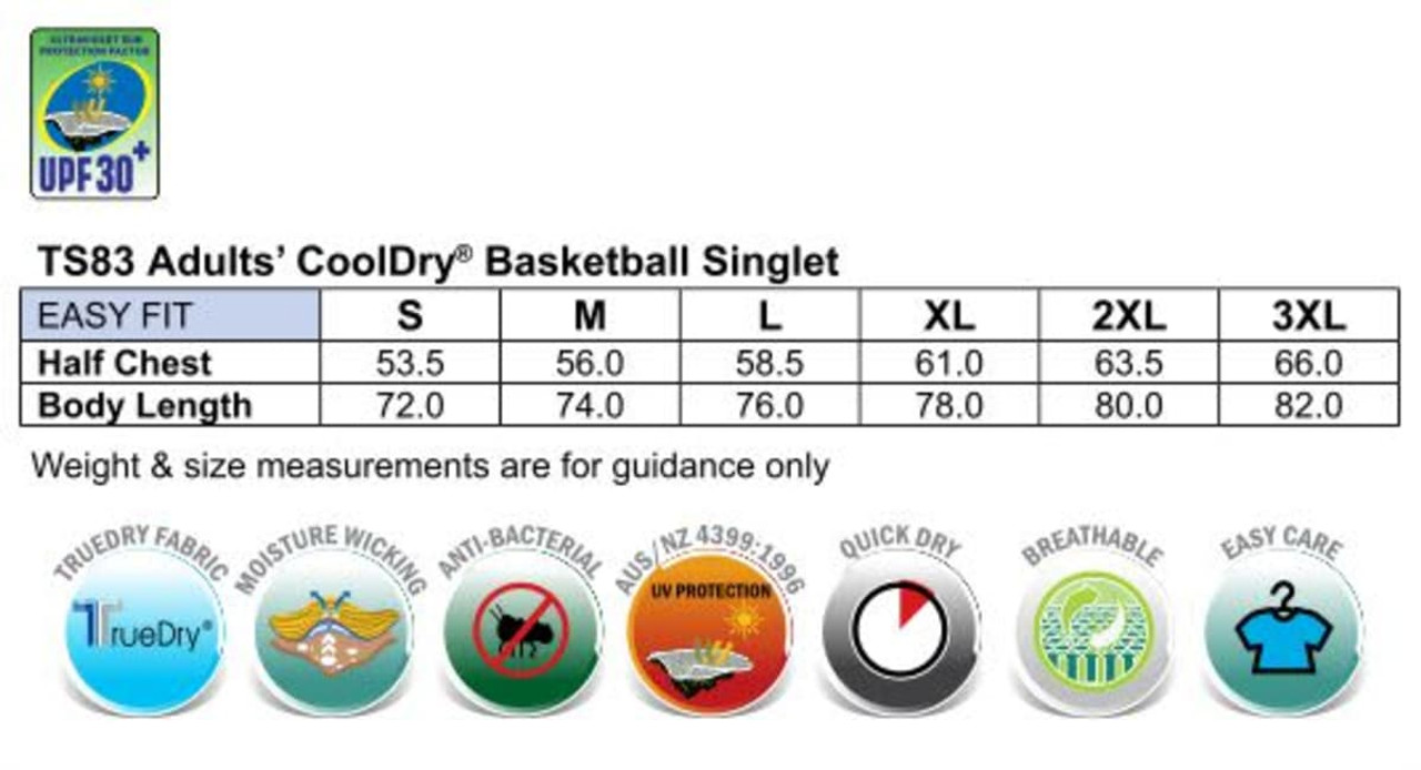 An Adults' Basketball Singlet in various sizes, featuring a logo, displayed alongside care and fabric quality icons.