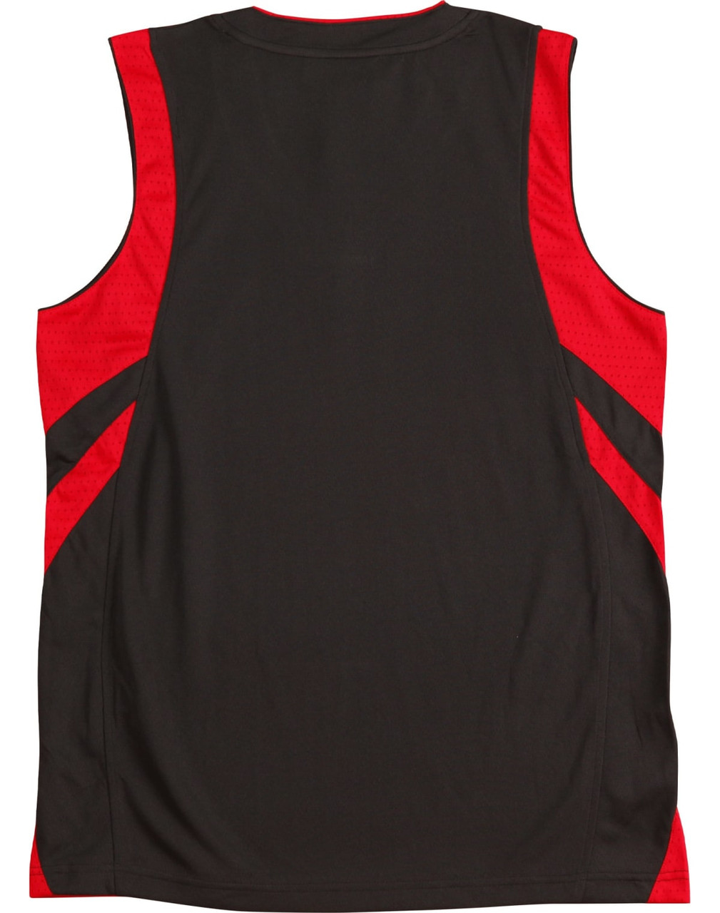 A black and red kid's basketball singlet featuring a simple design and a logo on the back.