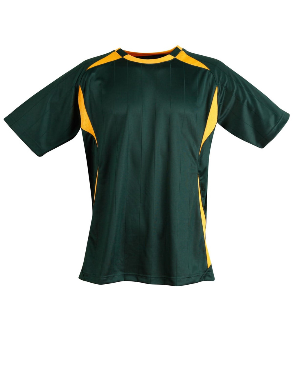 A kid's soccer jersey in green with yellow accents, featuring a logo. Short-sleeved and made from breathable material.