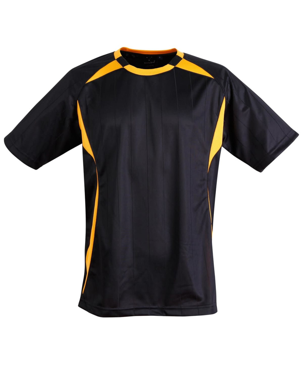 A black and yellow kid's soccer jersey featuring a sporty design and a logo on the front.