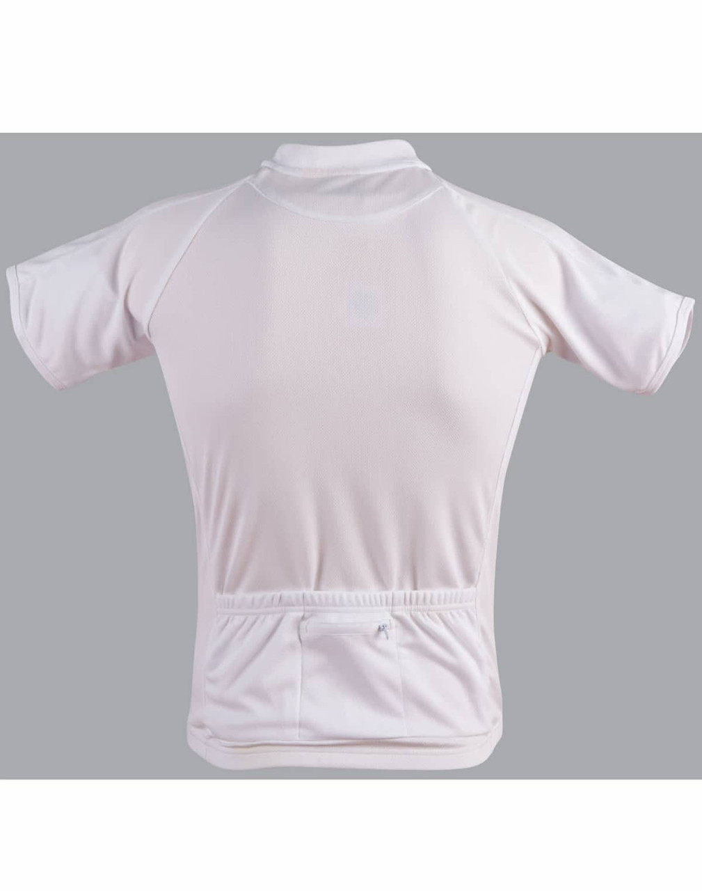 A unisex cycling top in white, featuring short sleeves and a rear pocket. It has a logo detail.