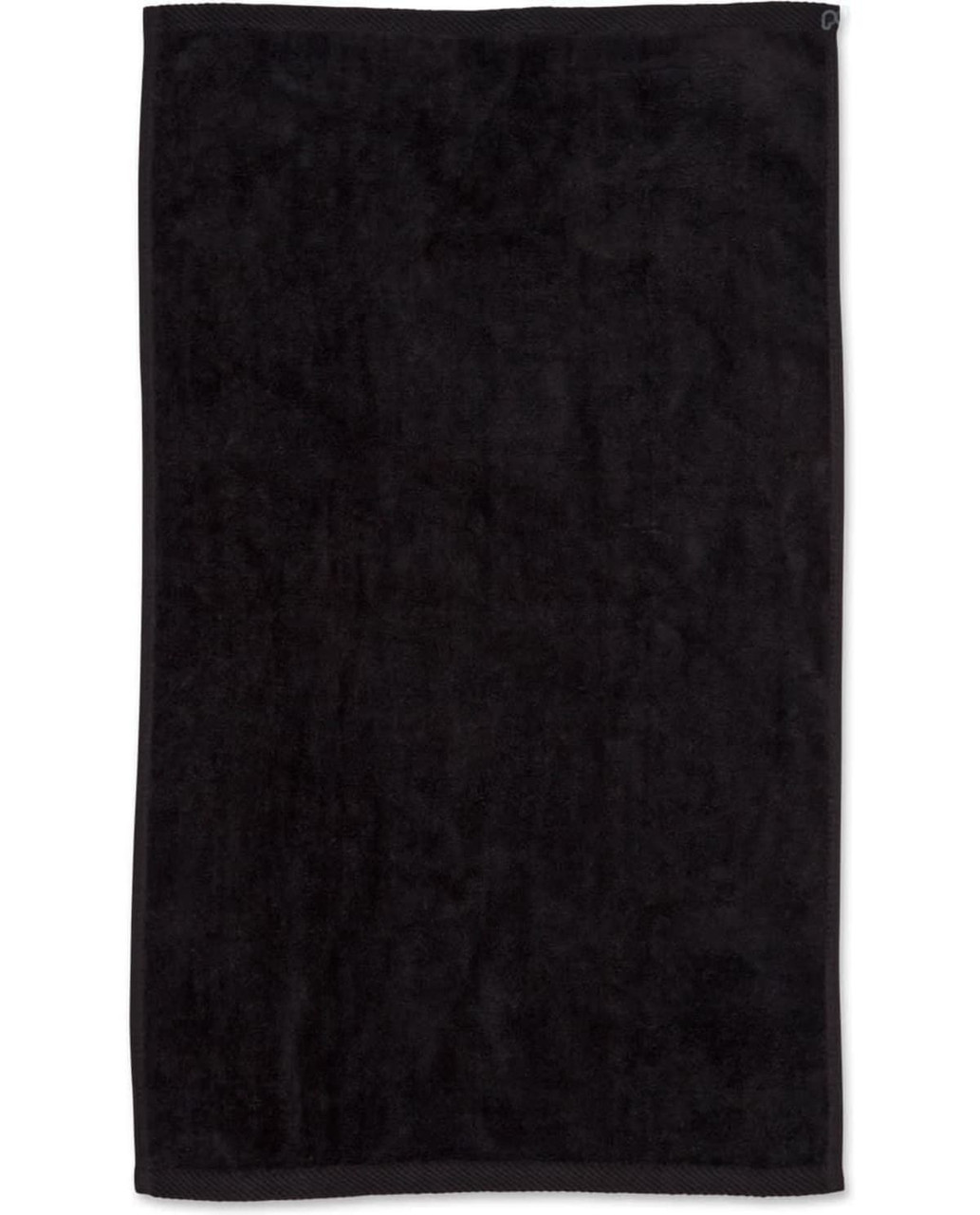 A black golf towel measuring 38 x 65 cm, featuring a brand logo. Soft and absorbent.