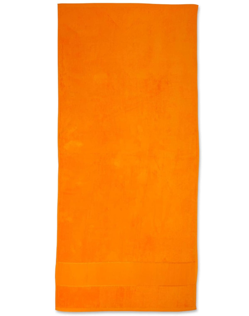 An orange terry velour beach towel, measuring 75x150 cm, with a towel hem and a logo.