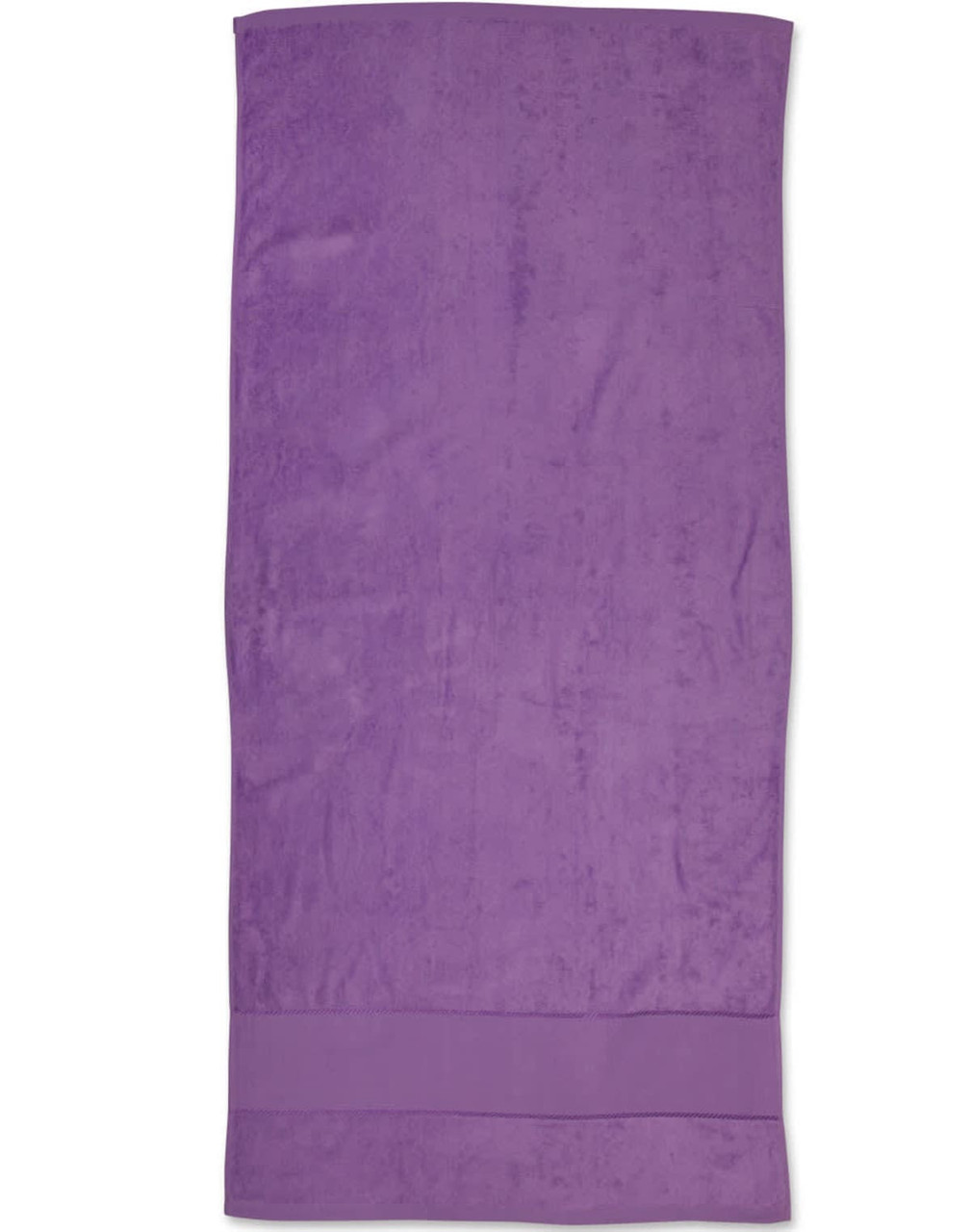 A purple terry velour beach towel measuring 75x150 cm, featuring a plain design with a logo.