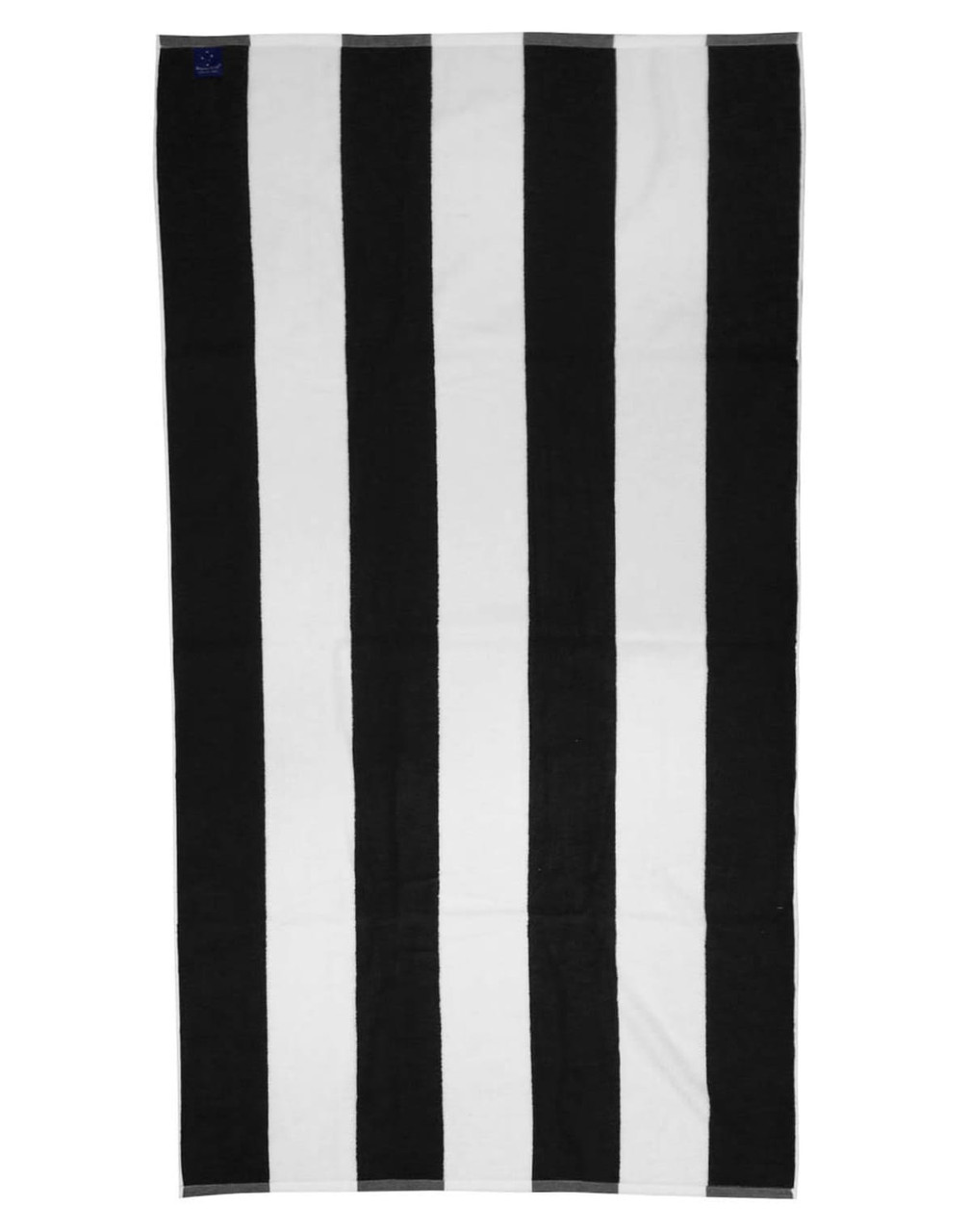A striped beach towel featuring alternating black and white stripes. The towel includes a logo in one corner.