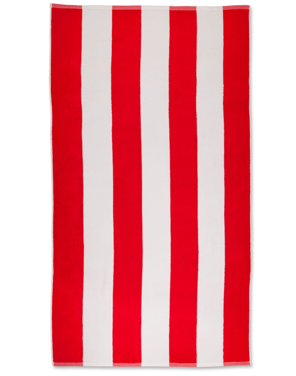 A striped beach towel in red and white with a logo in one corner. Ideal for leisure and outdoor activities.